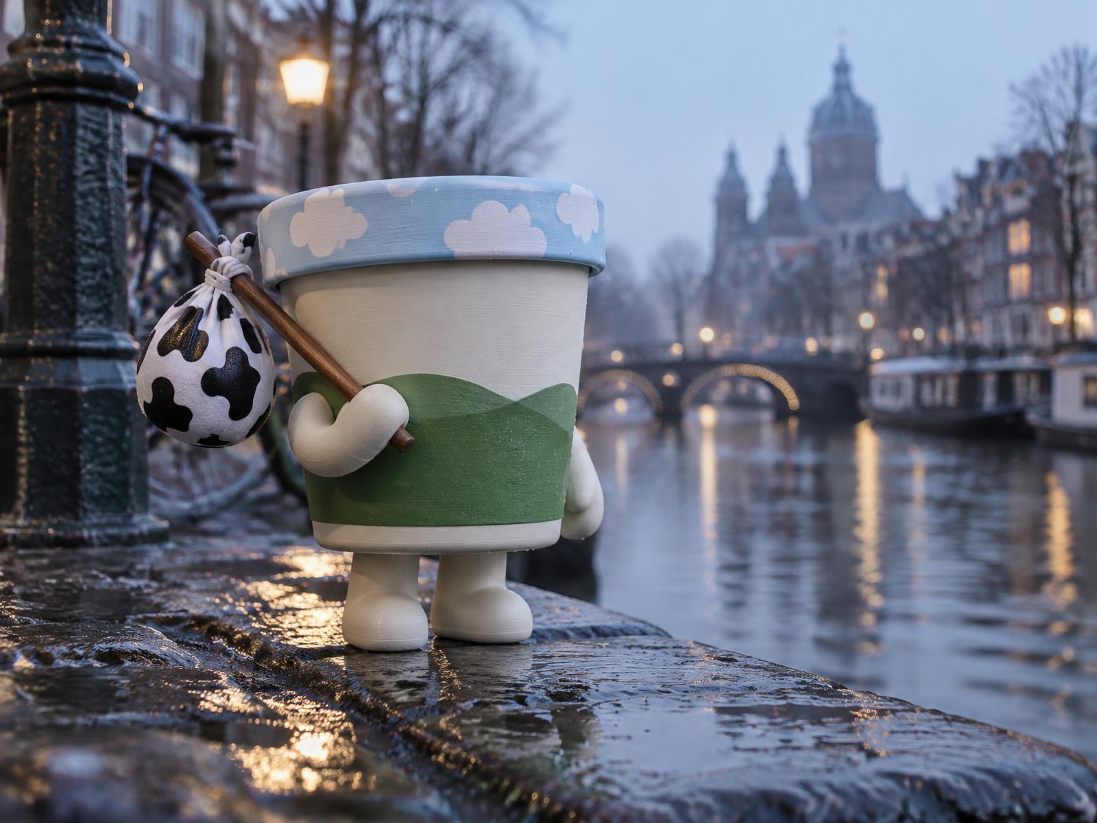 The Runaway: a four-inch pint character with a cloud lid, green band and cow-spot bindle, on an Amsterdam canal ledge